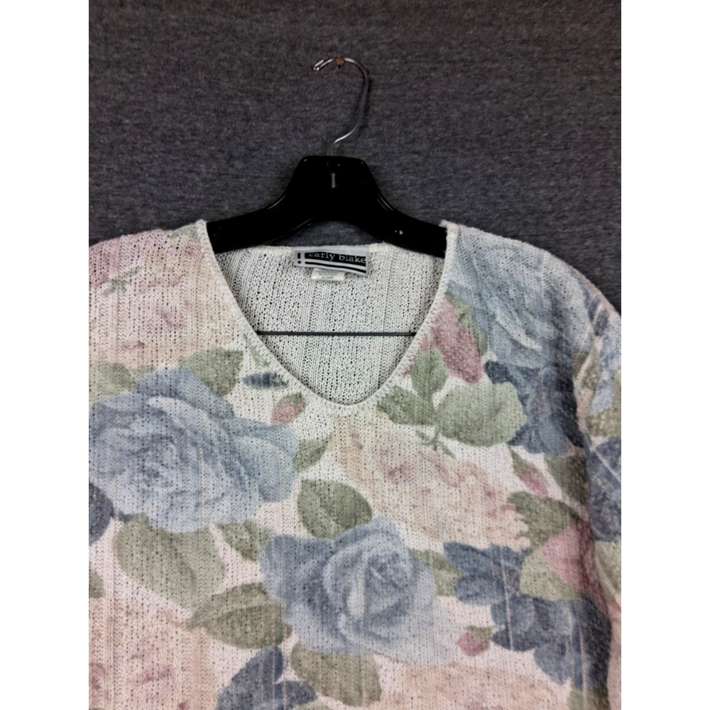 VTG Carly Blake Womens Sweater M Blue Pastel Floral USA Cottage Core Garden